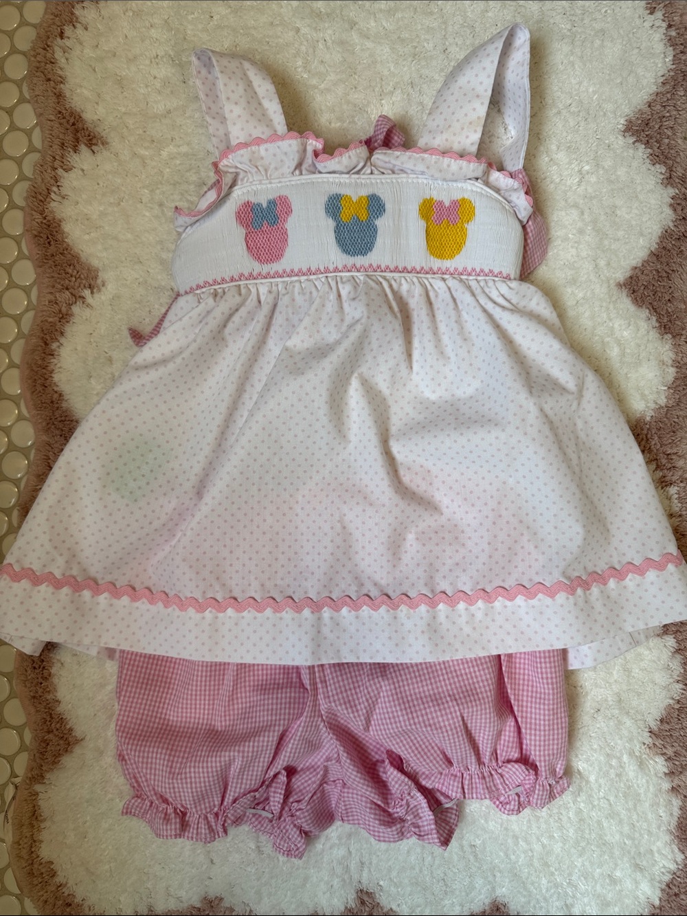 Pink Polka Dot Girls' Dress Set with Minnie-Style Smocked Appliqué